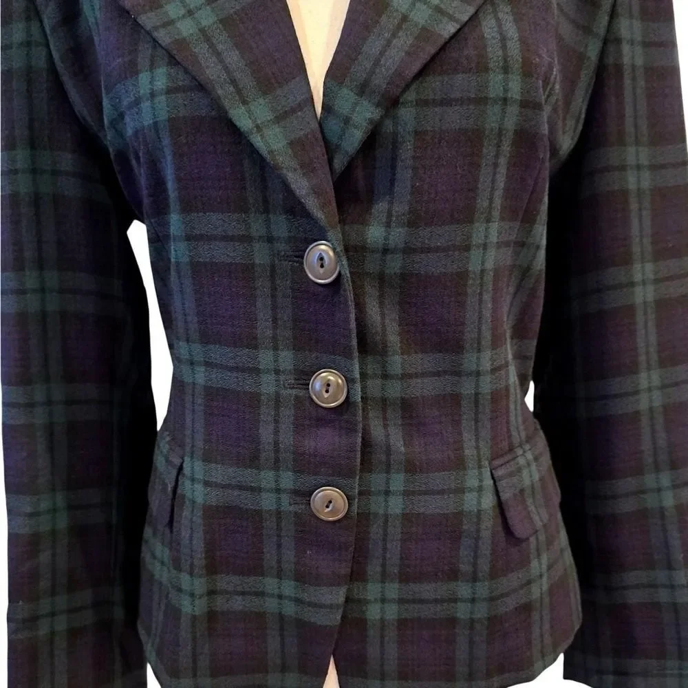 Vintage 90s Linda Allard Ellen Tracy Tartan Knit Wool Blazer Size 10 Korea